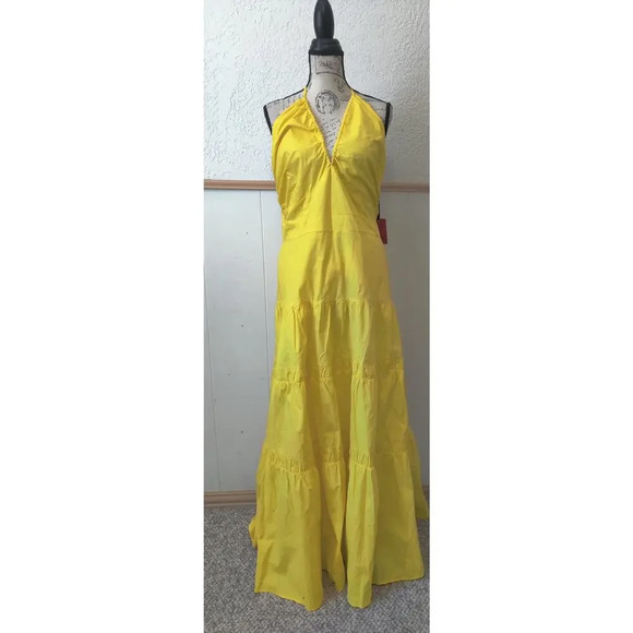 Prabal Gurung Yellow Maxi Dress Size 18 Tiered Halter Summer Smocked Back Long - Picture 2 of 7